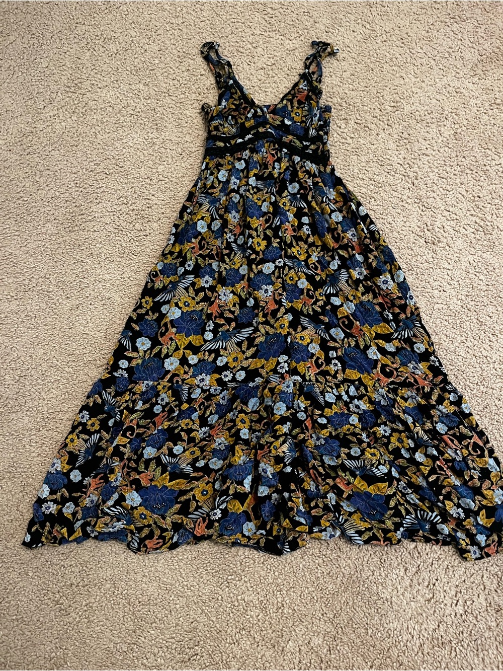 Angie Black Floral Smocked Top with Blue and Mustard Accents